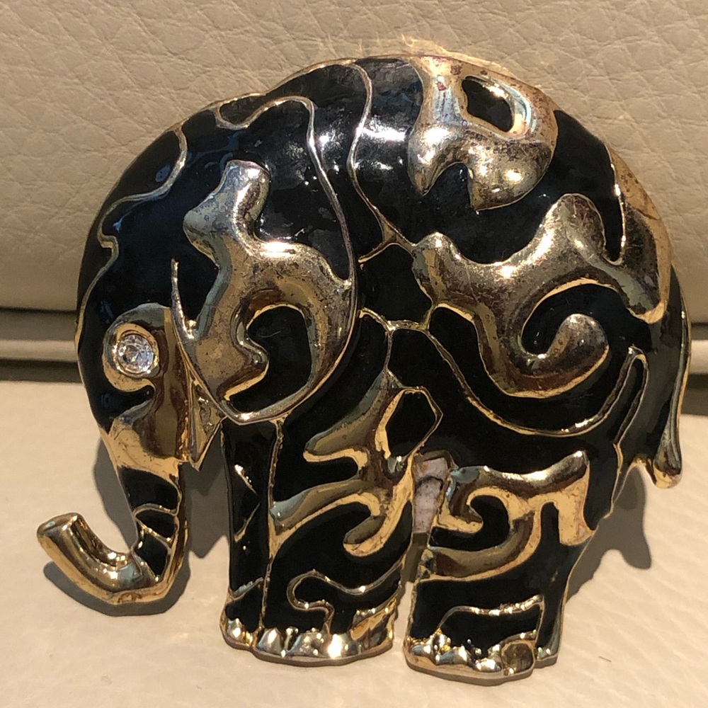 Gold and Black Elephant Brooch